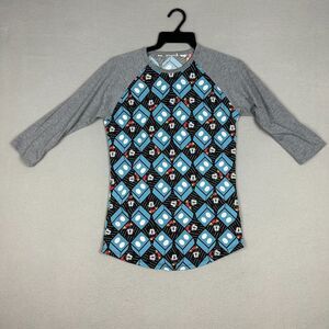 LuLaRoe Womens XS Randy Disney Mickey Mouse T-Shirt Blue Gray 3/4 Raglan Sleeve